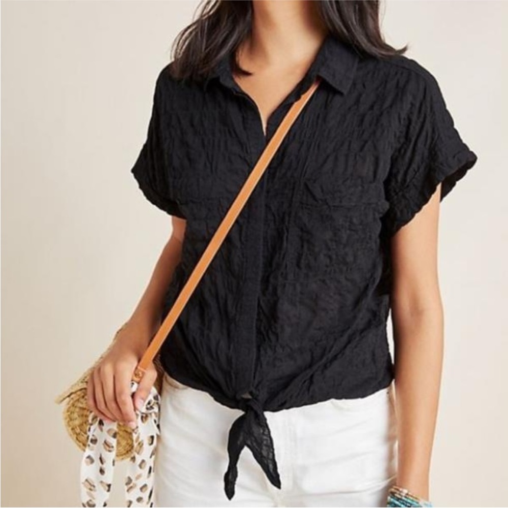 Anthropologie Cloth And Stone Black Liya Tie Front Crinkled Woven Top size XS